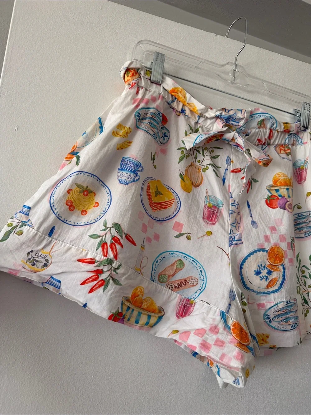 ZARA Food Print Cotton Paperbag Shorts Mediterranean Italian Novelty Large L